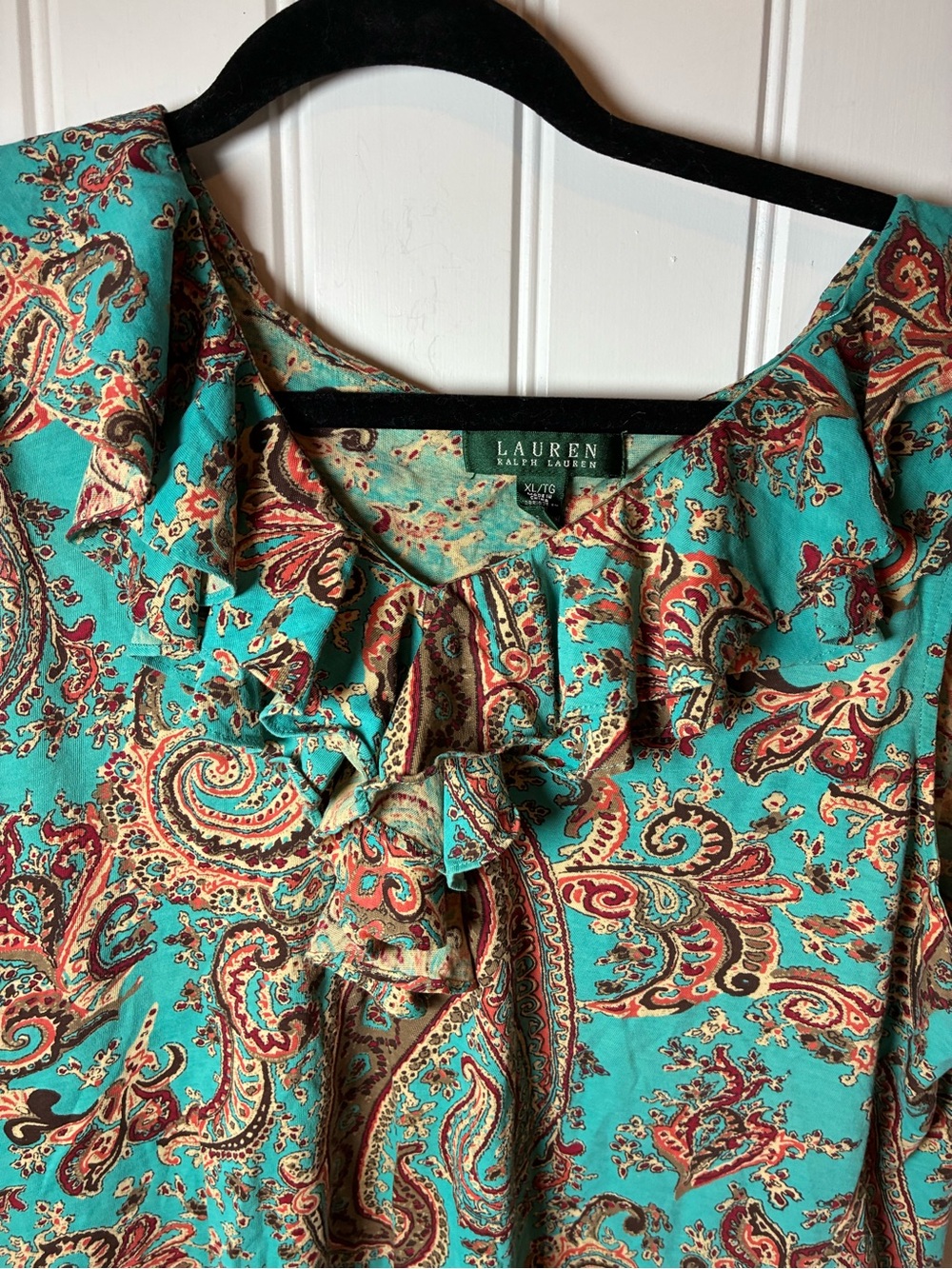 Ralph Lauren Teal Paisley Ruffle Tie-Front Blouse
